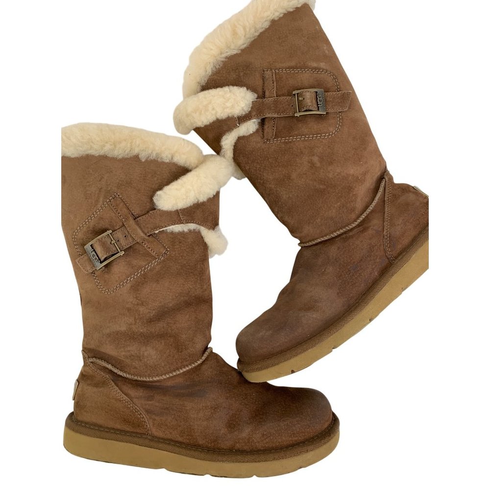 7 UGG Womens Tall Brown Messenger Pocket Shearling Boots Buckle Detail 8587 - Picture 3 of 14